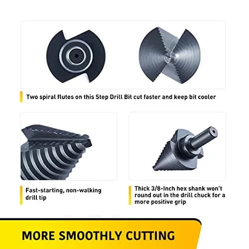 Anfrere 10 Sizes Step Drill Bit Set 1/4 to 1-3/8 Inches | High Speed Steel with Titanium Coating for Sheet Metal thumbnail 7