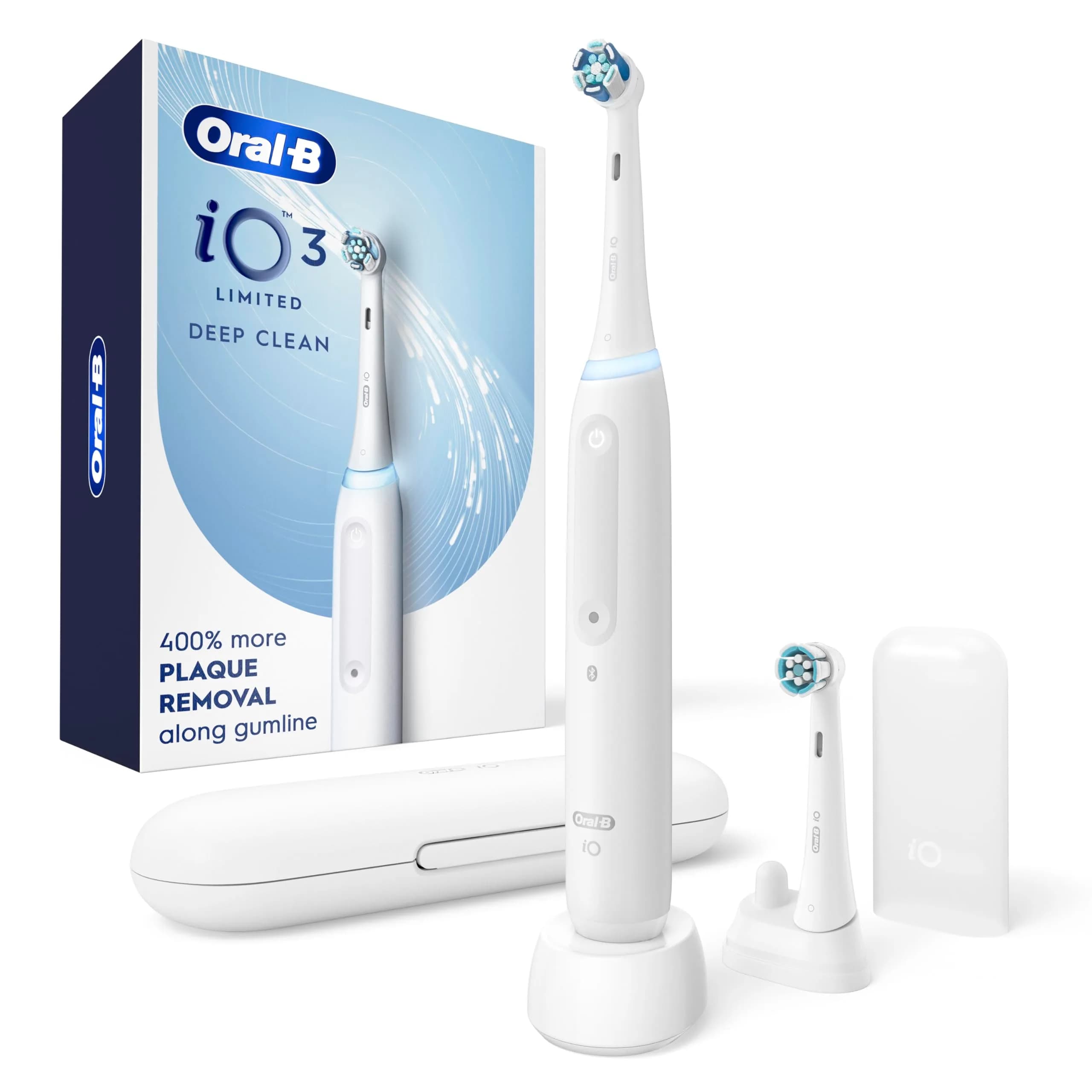 Oral-B iO Series 3 Limited Deep Clean Rechargeable Electric Toothbrush with Visual Pressure Sensor & 2 Brush Heads | 3 Cleaning Modes — White