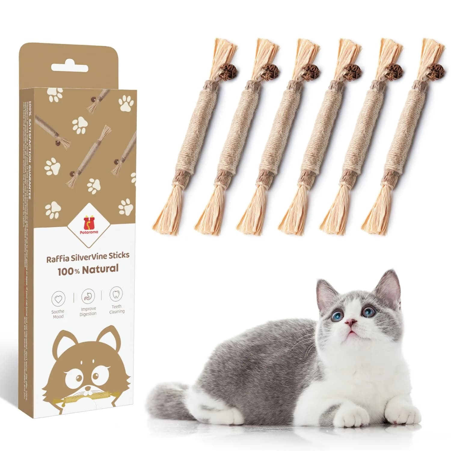 Potaroma Natural Silvervine Sticks Cat Toys 6 Pcs | Catnip & Silvervine Blend for Dental Care & Play — 6 Sticks