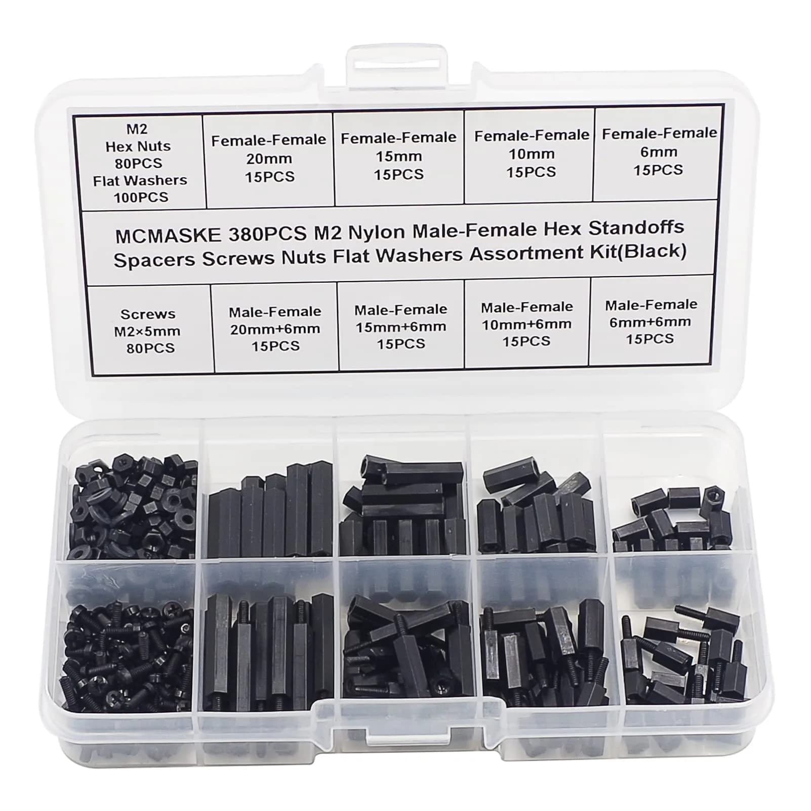 MCMASKE M2 Black Nylon Hex Standoff Spacer Kit 380PCS | For PCB, Arduino, Raspberry Pi Projects — M2
