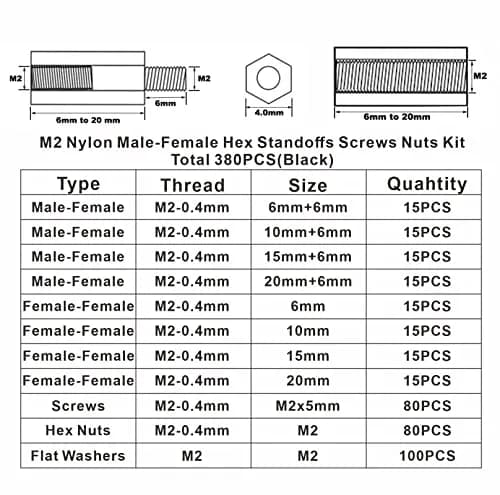MCMASKE M2 Black Nylon Hex Standoff Spacer Kit 380PCS | For PCB, Arduino, Raspberry Pi Projects thumbnail 4