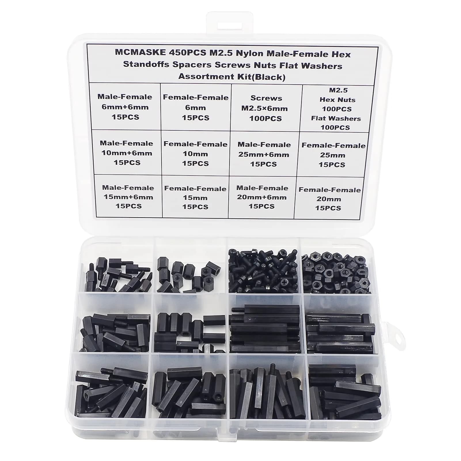 MCMASKE M2.5 Black Nylon Hex Standoffs Screws Nuts Flat Washers Kit | 450PCS for PCB, Arduino, Raspberry Pi