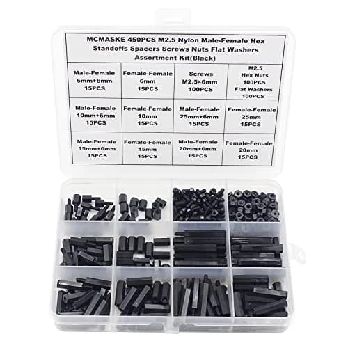 MCMASKE M2.5 Black Nylon Hex Standoffs Screws Nuts Flat Washers Kit | 450PCS for PCB, Arduino, Raspberry Pi thumbnail 1