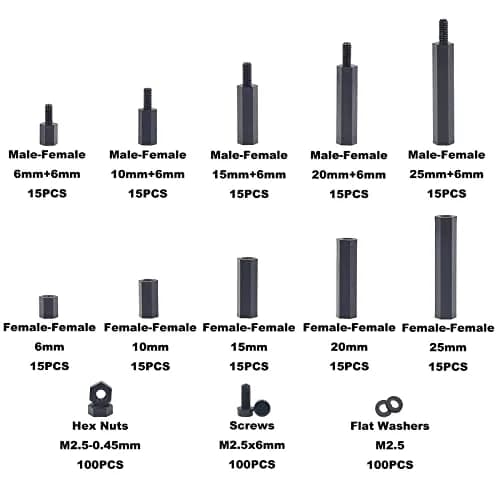 MCMASKE M2.5 Black Nylon Hex Standoffs Screws Nuts Flat Washers Kit | 450PCS for PCB, Arduino, Raspberry Pi thumbnail 2