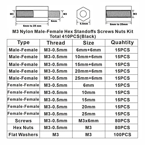 MCMASKE M2.5 Black Nylon Hex Standoffs Screws Nuts Flat Washers Kit | 450PCS for PCB, Arduino, Raspberry Pi thumbnail 3
