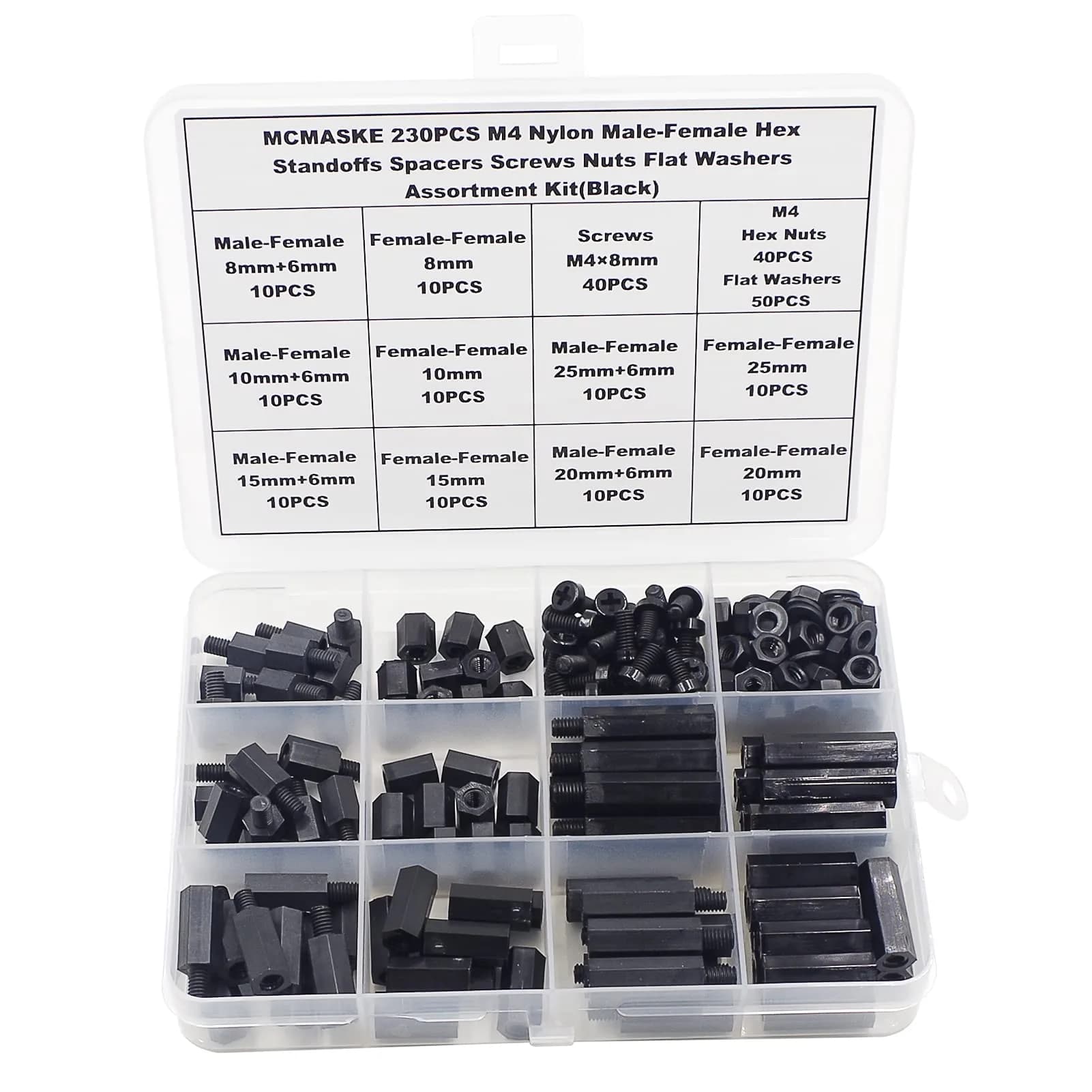 MCMASKE M4 Black Nylon Hex Standoff Screw Nut Washer Kit 230PCS | For PCB, Arduino, Raspberry Pi Projects — M4