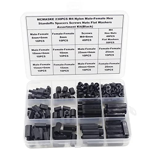 MCMASKE M4 Black Nylon Hex Standoff Screw Nut Washer Kit 230PCS | For PCB, Arduino, Raspberry Pi Projects thumbnail 1