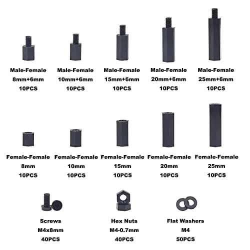 MCMASKE M4 Black Nylon Hex Standoff Screw Nut Washer Kit 230PCS | For PCB, Arduino, Raspberry Pi Projects thumbnail 2