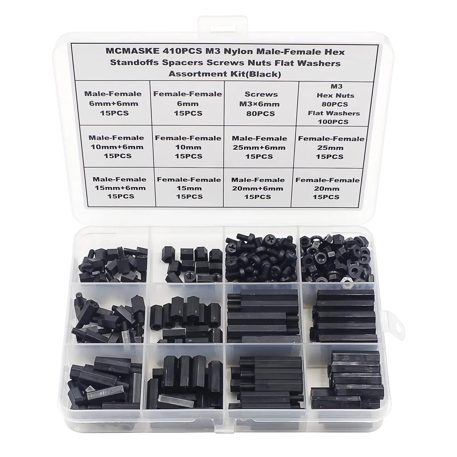 MCMASKE M3 Black Nylon Hex Standoff Spacer Kit 410PCS | Male-Female & Female-Female Assortment with Nuts & Screws - main product image