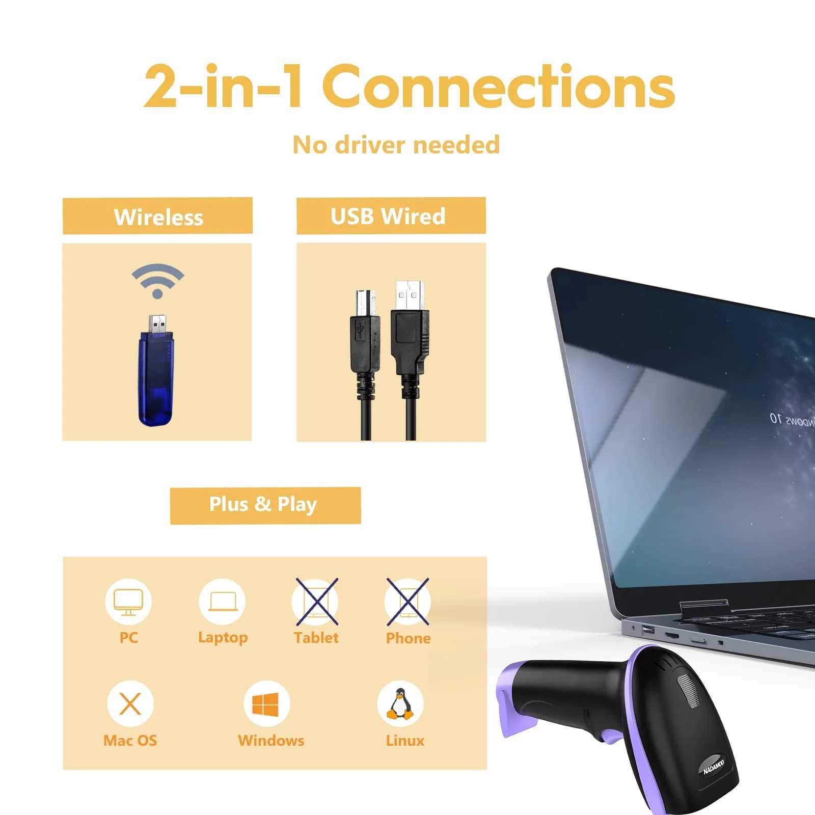 NADAMOO Violet Wireless 1D Laser Barcode Scanner - 100m Indoor Automatic Reader with USB Receiver - view 2