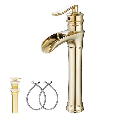 GGStudy Brushed Gold Bathroom Faucet Tall Waterfall Single Handle 11.8inch | Suitable for Vessel Sink thumbnail 1