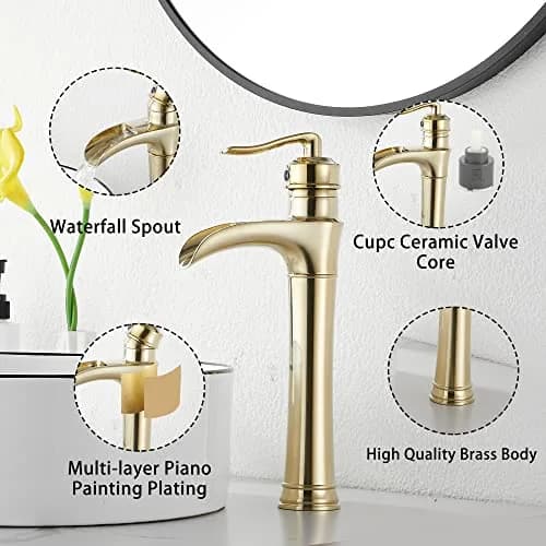 GGStudy Brushed Gold Bathroom Faucet Tall Waterfall Single Handle 11.8inch | Suitable for Vessel Sink thumbnail 5
