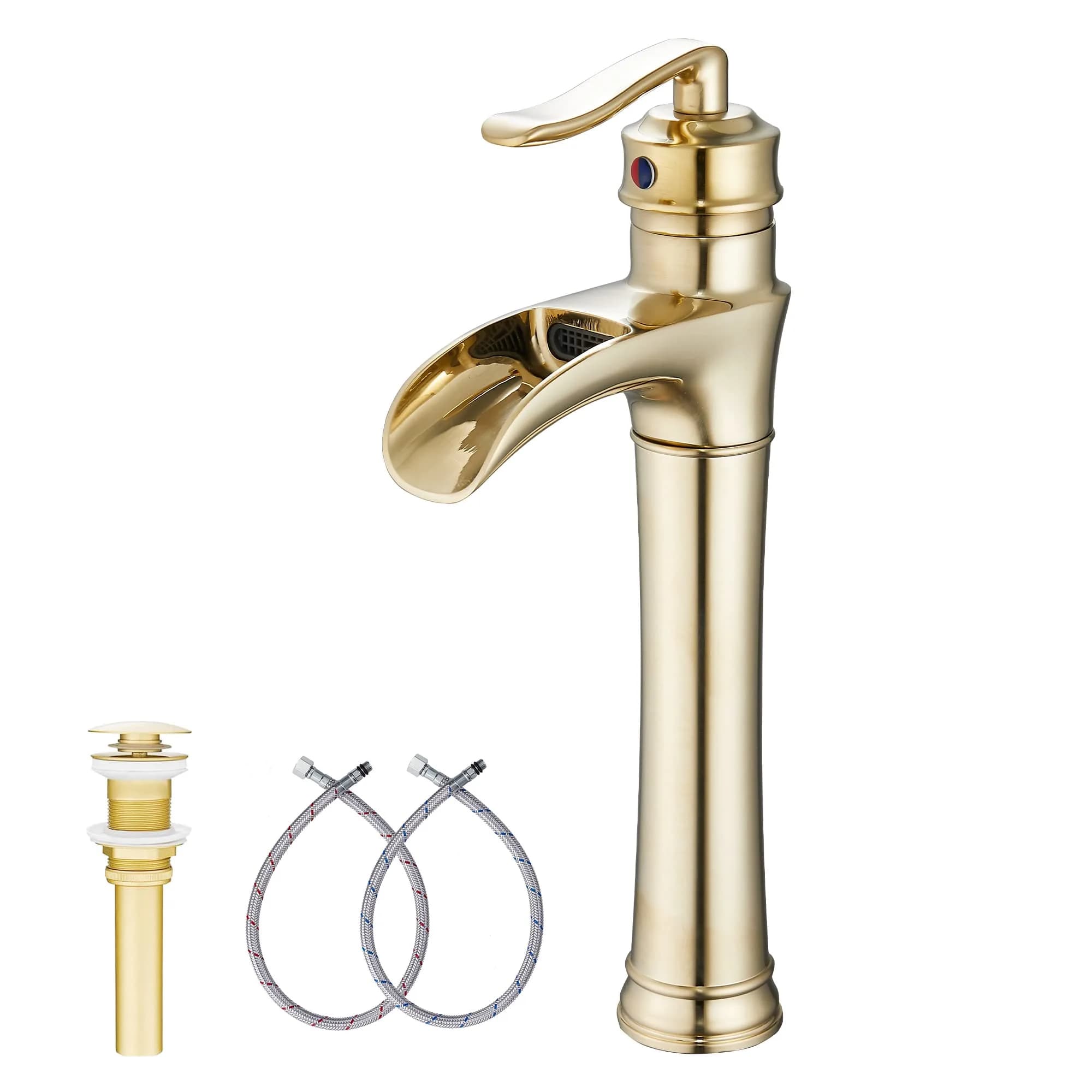 GGStudy Brushed Gold Bathroom Faucet Tall Waterfall Single Handle 11.8inch | Suitable for Vessel Sink