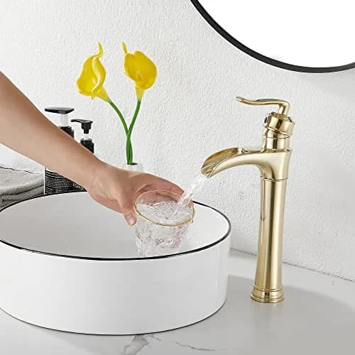 GGStudy Brushed Gold Bathroom Faucet Tall Waterfall Single Handle 11.8inch | Suitable for Vessel Sink thumbnail 8
