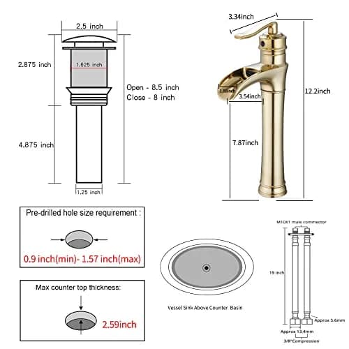 GGStudy Brushed Gold Bathroom Faucet Tall Waterfall Single Handle 11.8inch | Suitable for Vessel Sink thumbnail 2