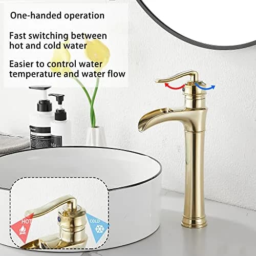 GGStudy Brushed Gold Bathroom Faucet Tall Waterfall Single Handle 11.8inch | Suitable for Vessel Sink thumbnail 3
