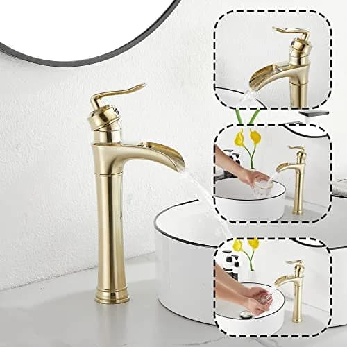 GGStudy Brushed Gold Bathroom Faucet Tall Waterfall Single Handle 11.8inch | Suitable for Vessel Sink thumbnail 4