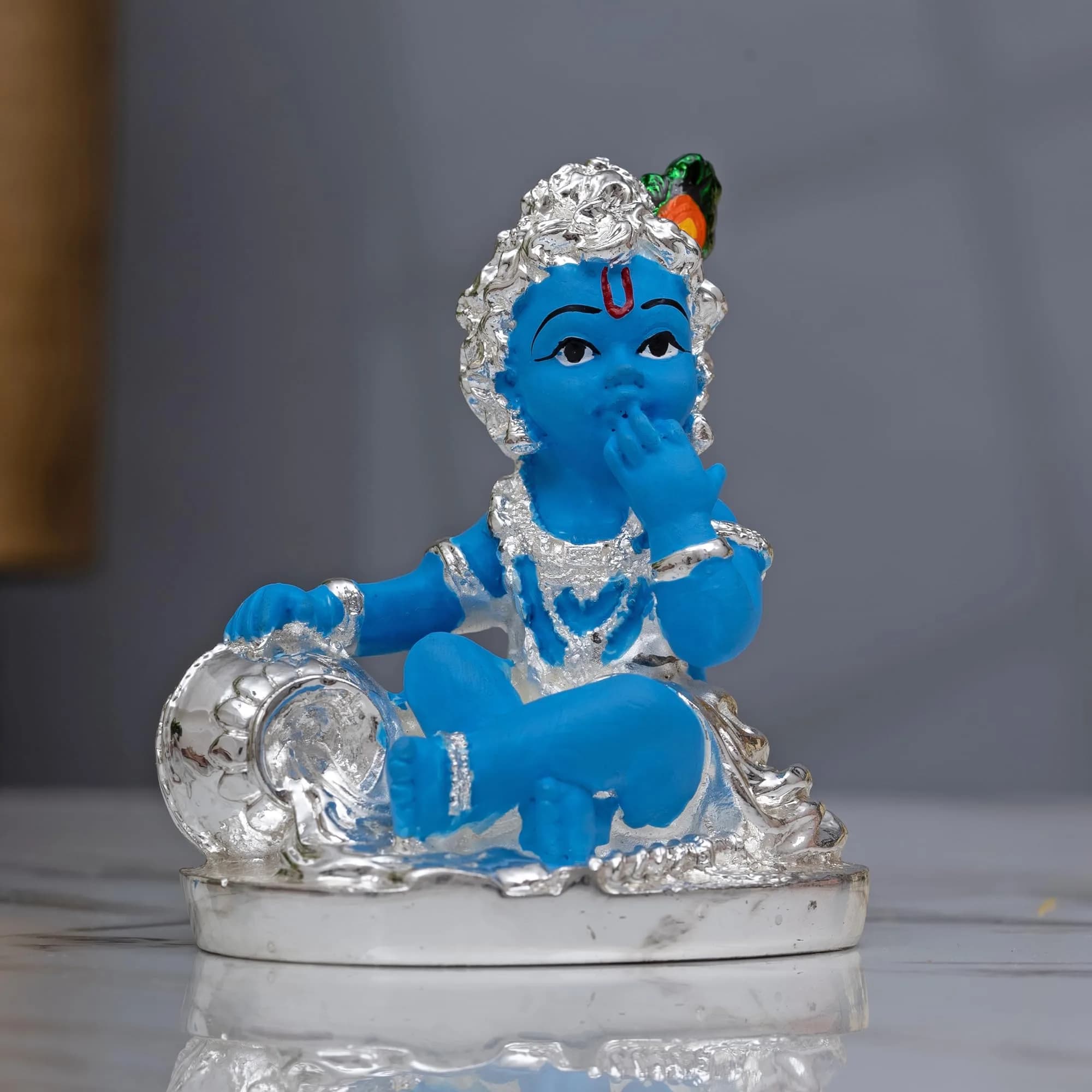 Idolkart 999 Pure Silver Coated Lord Krishna Idol 12 cm (4.72 in) | Handcrafted Laddu Gopal Murti for Home Decor — Silver Coated Blue Baby Krishna
