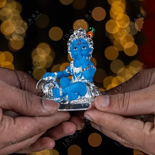 Idolkart 999 Pure Silver Coated Lord Krishna Idol 12 cm (4.72 in) | Handcrafted Laddu Gopal Murti for Home Decor thumbnail 4