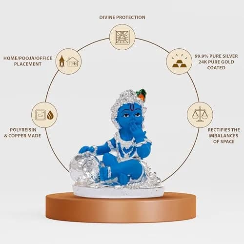 Idolkart 999 Pure Silver Coated Lord Krishna Idol 12 cm (4.72 in) | Handcrafted Laddu Gopal Murti for Home Decor thumbnail 6
