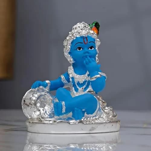 Idolkart 999 Pure Silver Coated Lord Krishna Idol 12 cm (4.72 in) | Handcrafted Laddu Gopal Murti for Home Decor thumbnail 1