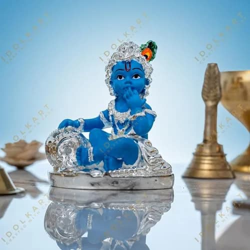 Idolkart 999 Pure Silver Coated Lord Krishna Idol 12 cm (4.72 in) | Handcrafted Laddu Gopal Murti for Home Decor thumbnail 7