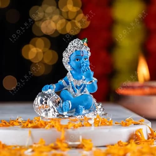 Idolkart 999 Pure Silver Coated Lord Krishna Idol 12 cm (4.72 in) | Handcrafted Laddu Gopal Murti for Home Decor thumbnail 2