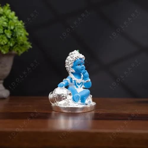 Idolkart 999 Pure Silver Coated Lord Krishna Idol 12 cm (4.72 in) | Handcrafted Laddu Gopal Murti for Home Decor thumbnail 3