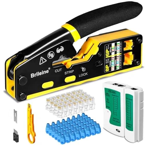 Brileine RJ45 Crimp Tool Pass Through Kit Ethernet Crimper Cat5 Cat5e Cat6 with Cable Tester & Connectors (Yellow, 13.5cm) thumbnail 1