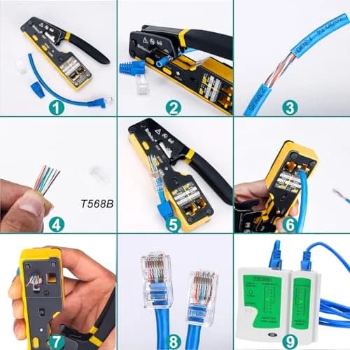 Brileine RJ45 Crimp Tool Pass Through Kit Ethernet Crimper Cat5 Cat5e Cat6 with Cable Tester & Connectors (Yellow, 13.5cm) thumbnail 6