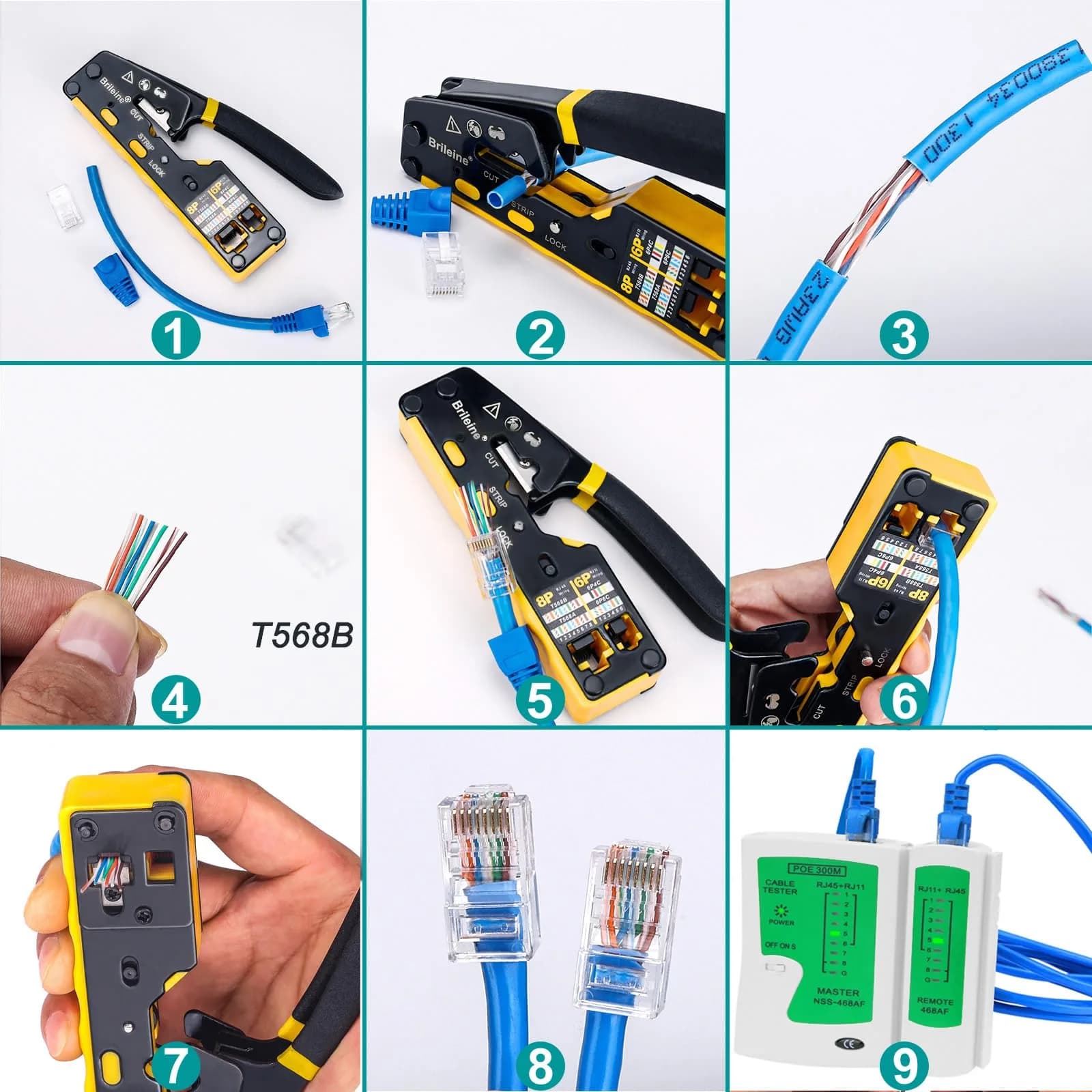 Brileine RJ45 Crimp Tool Pass Through Kit Ethernet Crimper Cat5 Cat5e Cat6 with Cable Tester & Connectors (Yellow, 13.5cm) - view 6