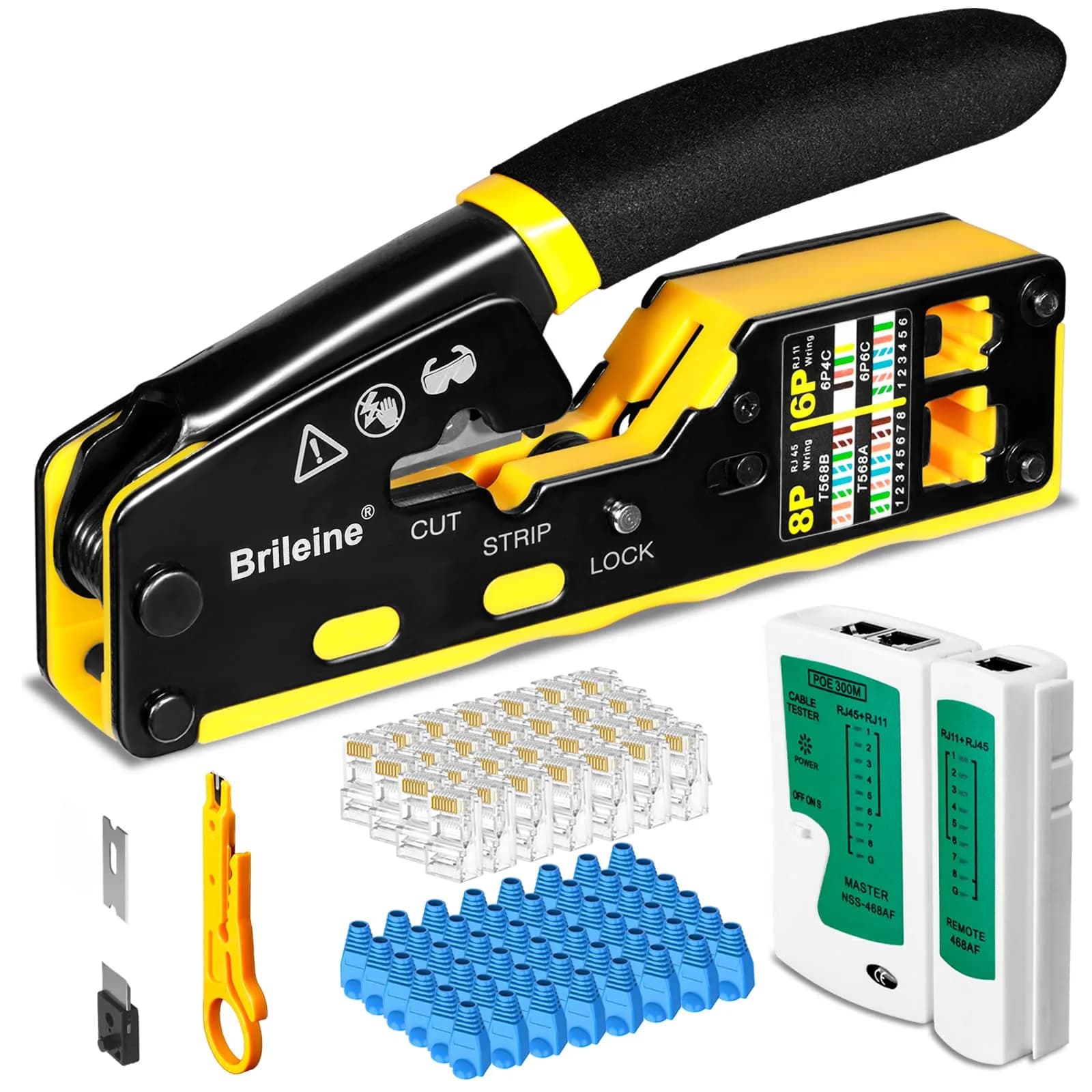 Brileine RJ45 Crimp Tool Pass Through Kit Ethernet Crimper Cat5 Cat5e Cat6 with Cable Tester & Connectors (Yellow, 13.5cm) - main product image