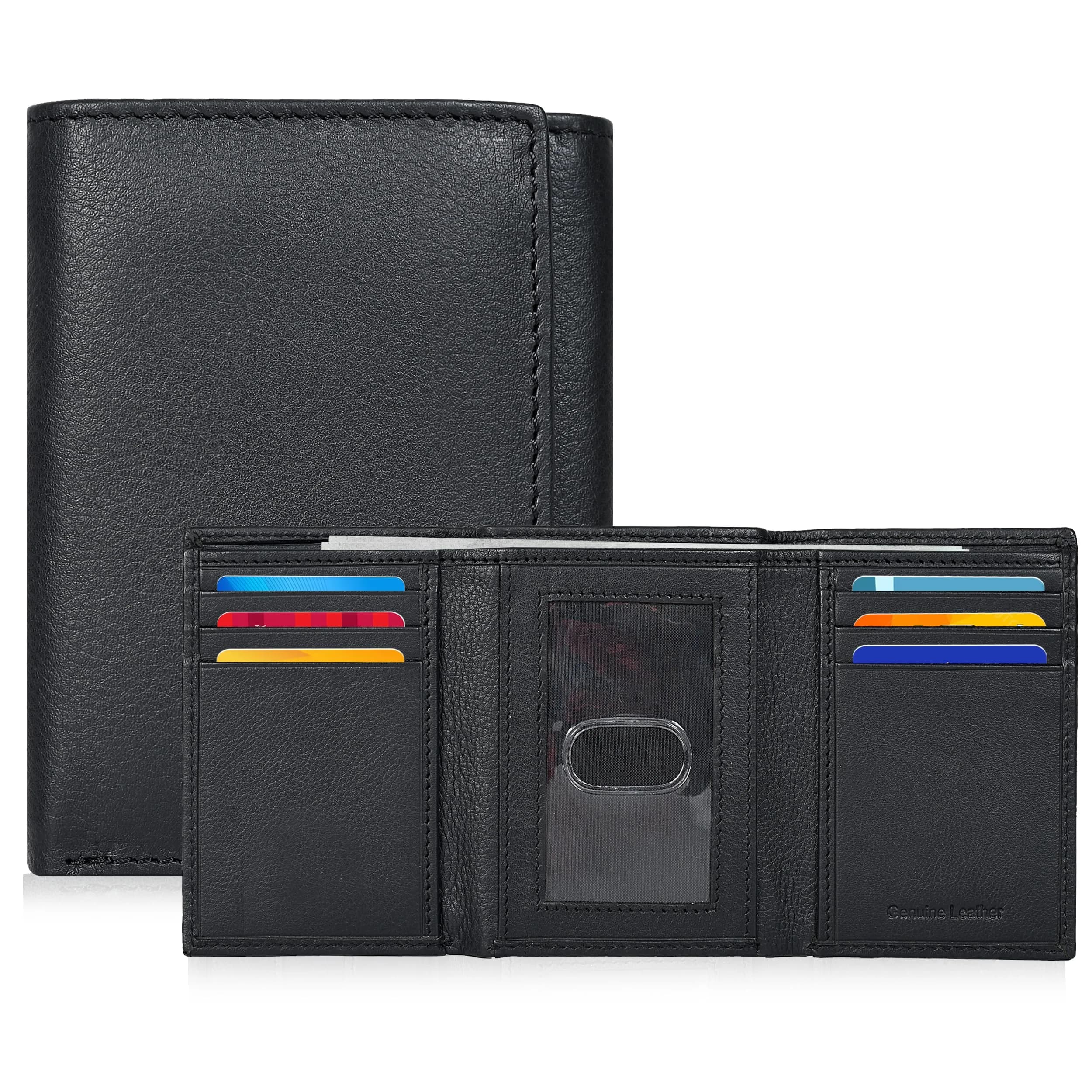 Oak Leathers Trifold Wallet RFID Blocking Slim with ID Window, Classic Black 1.27 cm (1 inch) - main product image
