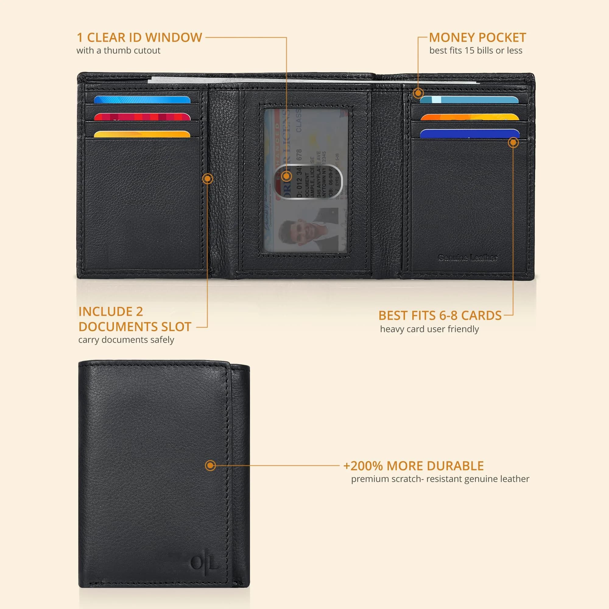 Oak Leathers Trifold Wallet RFID Blocking Slim with ID Window, Classic Black 1.27 cm (1 inch) - view 2