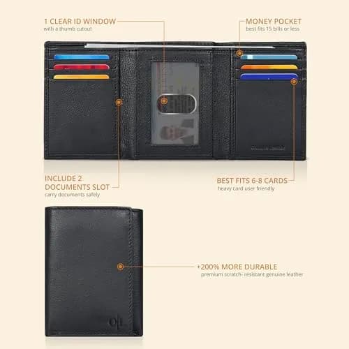 Oak Leathers Trifold Wallet RFID Blocking Slim with ID Window, Classic Black 1.27 cm (1 inch) thumbnail 2
