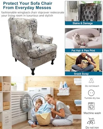 CRFATOP Wingback Chair Covers 2-Piece Set Floral Print Stretchable Armchair Slipcovers for Living Room thumbnail 5