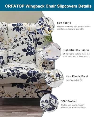CRFATOP Wingback Chair Covers 2-Piece Set | Stretch Floral Armchair Slipcovers for Living Room thumbnail 2