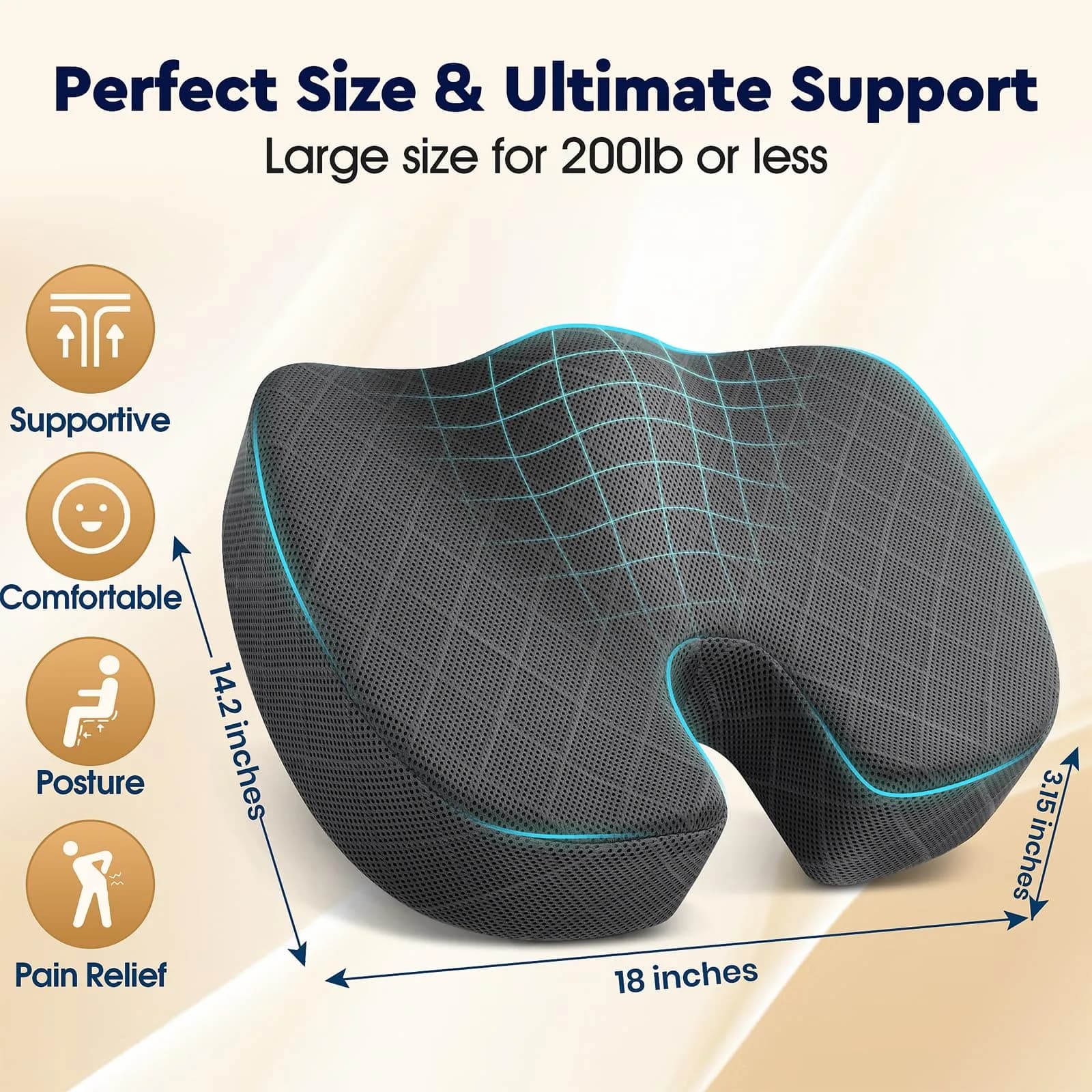 TushGuard Ergonomic Memory Foam Seat Cushion - Large, Grey | Comfort for Extended Sitting - view 2