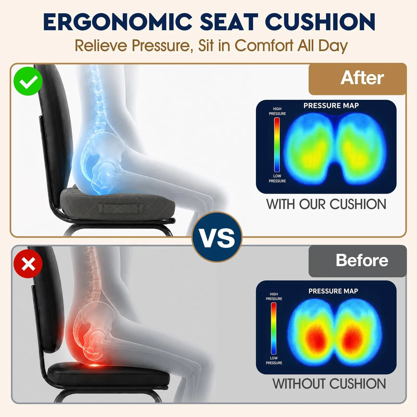 TushGuard Ergonomic Memory Foam Seat Cushion - Large, Grey | Comfort for Extended Sitting - view 3