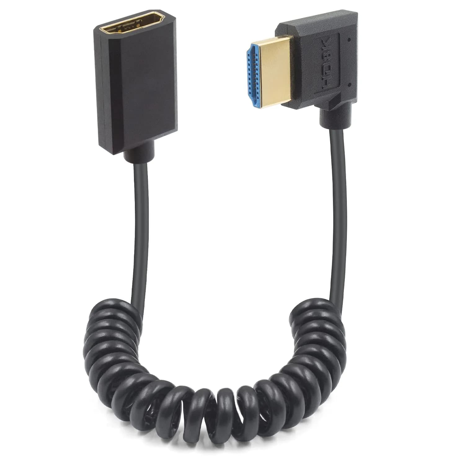 Duttek 8K HDMI Coiled Cable 1.2m (4ft) | Down Angled Male-to-Male, 48Gbps High Speed for 4K@120Hz/8K@60Hz — Right Angle HDMI Male to Female