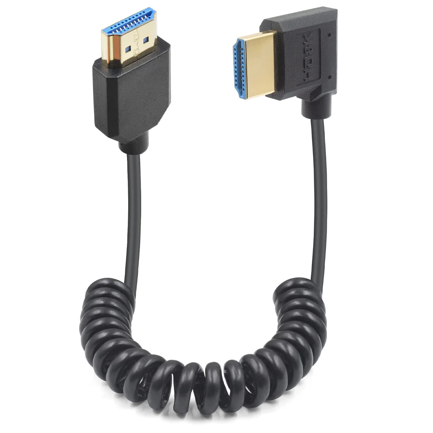 Duttek 8K Coiled HDMI Cable 1.2m (4ft) | 48Gbps Ultra Thin Right Angle Male to Male for 8K@60Hz & 4K@120Hz — Right Angle HDMI Male to Male