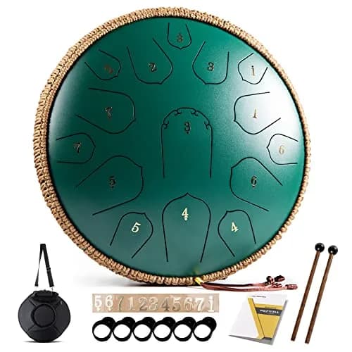 HOPWELL Steel Tongue Drum 15 Notes 14 Inch | Hand Pan with Music Book, Mallets, Carry Bag, D Major, Green thumbnail 1