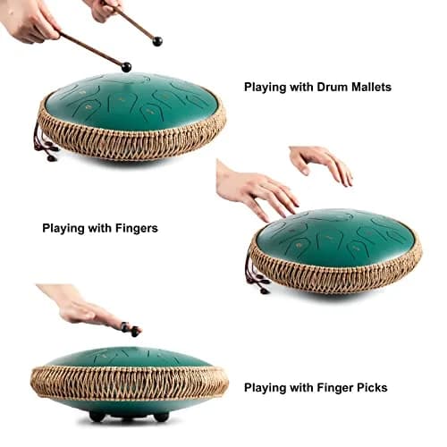 HOPWELL Steel Tongue Drum 15 Notes 14 Inch | Hand Pan with Music Book, Mallets, Carry Bag, D Major, Green thumbnail 4