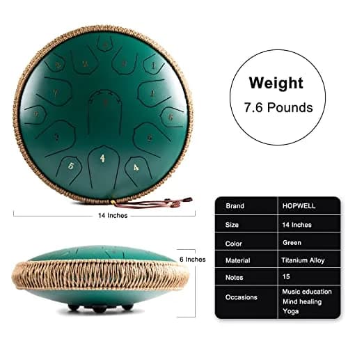 HOPWELL Steel Tongue Drum 15 Notes 14 Inch | Hand Pan with Music Book, Mallets, Carry Bag, D Major, Green thumbnail 5