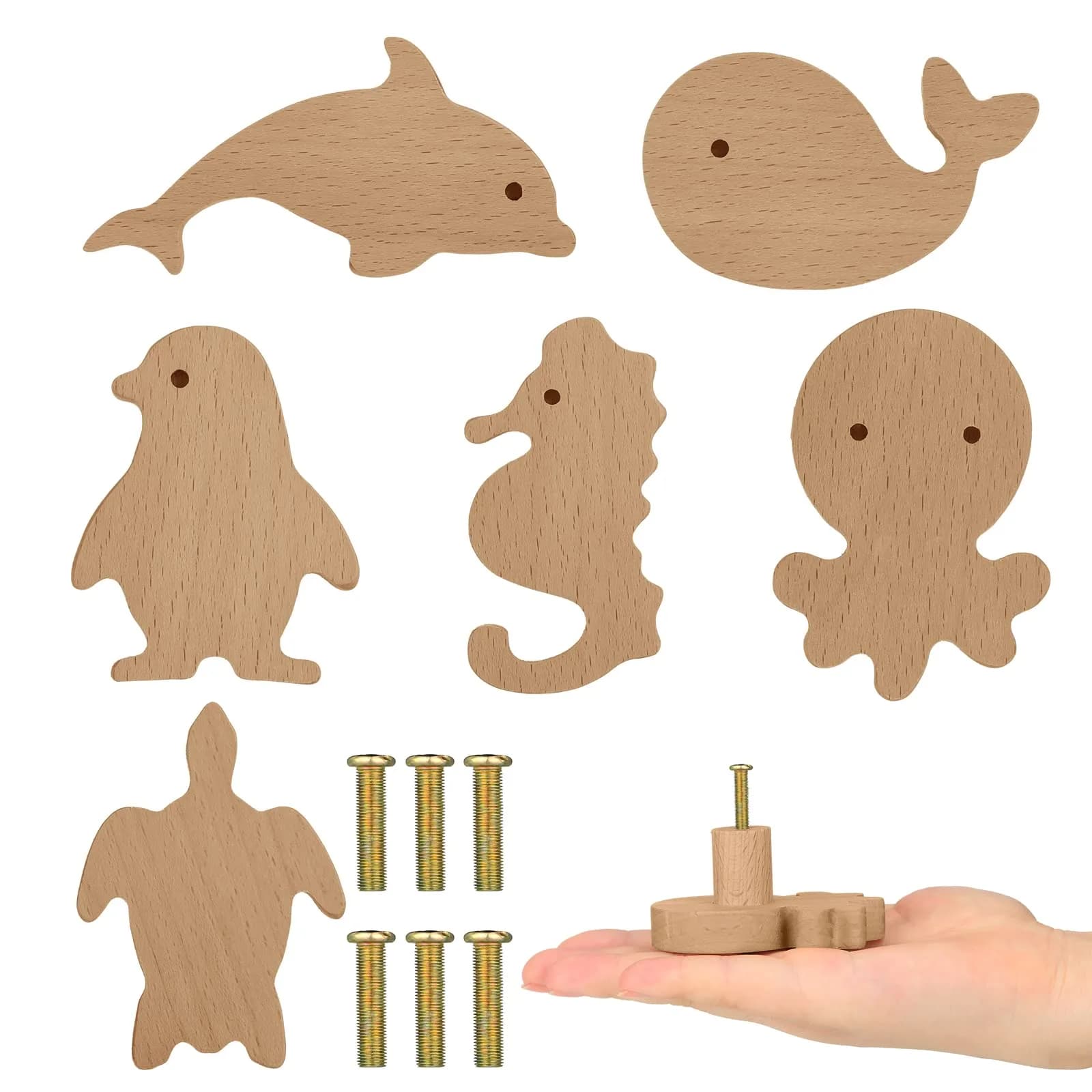 Qunclay Wooden Animal Dresser Knob Drawer Pull Sea Animal | Unfinished, 6 Sets for DIY Decor