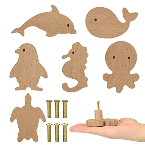 Qunclay Wooden Animal Dresser Knob Drawer Pull Sea Animal | Unfinished, 6 Sets for DIY Decor thumbnail 1