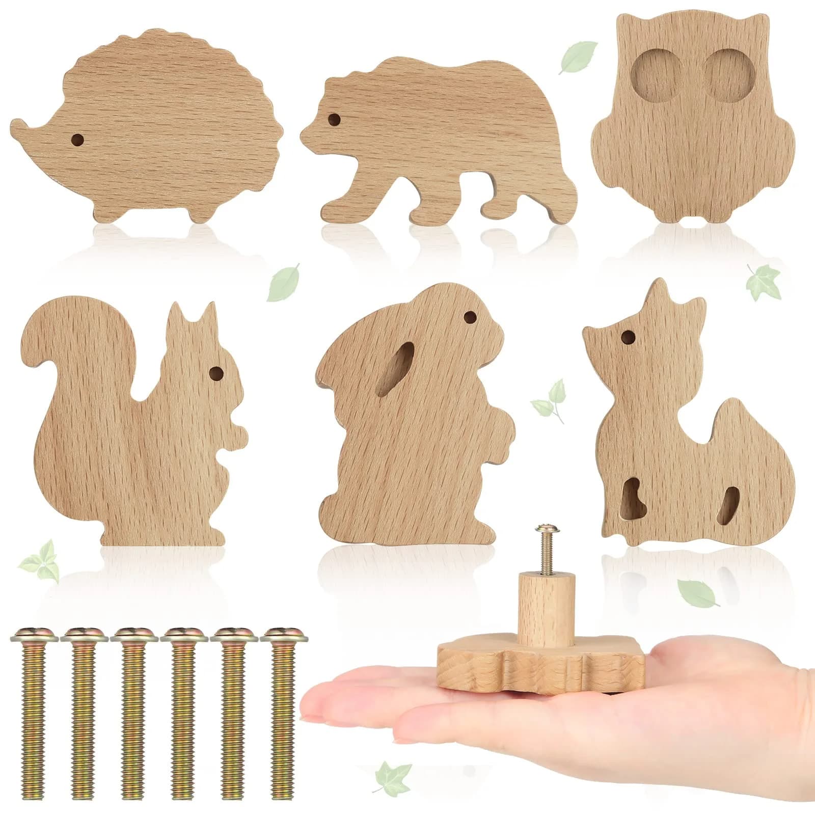 Qunclay Wooden Animal Dresser Knob Drawer Pull Sea Animal | Unfinished, 6 Sets for DIY Decor — Forest Animal