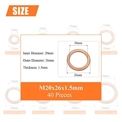 HELIFOUNER M20x26x1.5mm Copper Washers (40 Pieces) | High Heat Resistance Sealing Washers thumbnail 3