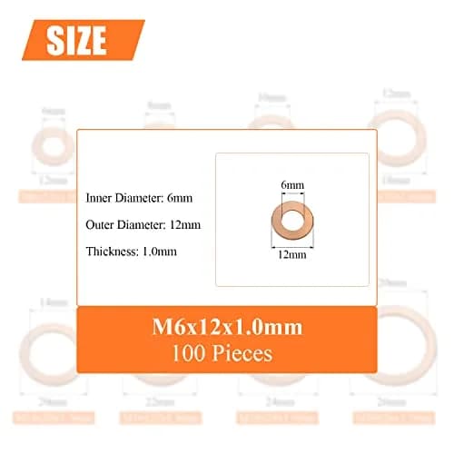 HELIFOUNER M6x12x1.0mm Copper Washers 100 Pieces | Copper Sealing Washers for M6 Bolts thumbnail 3