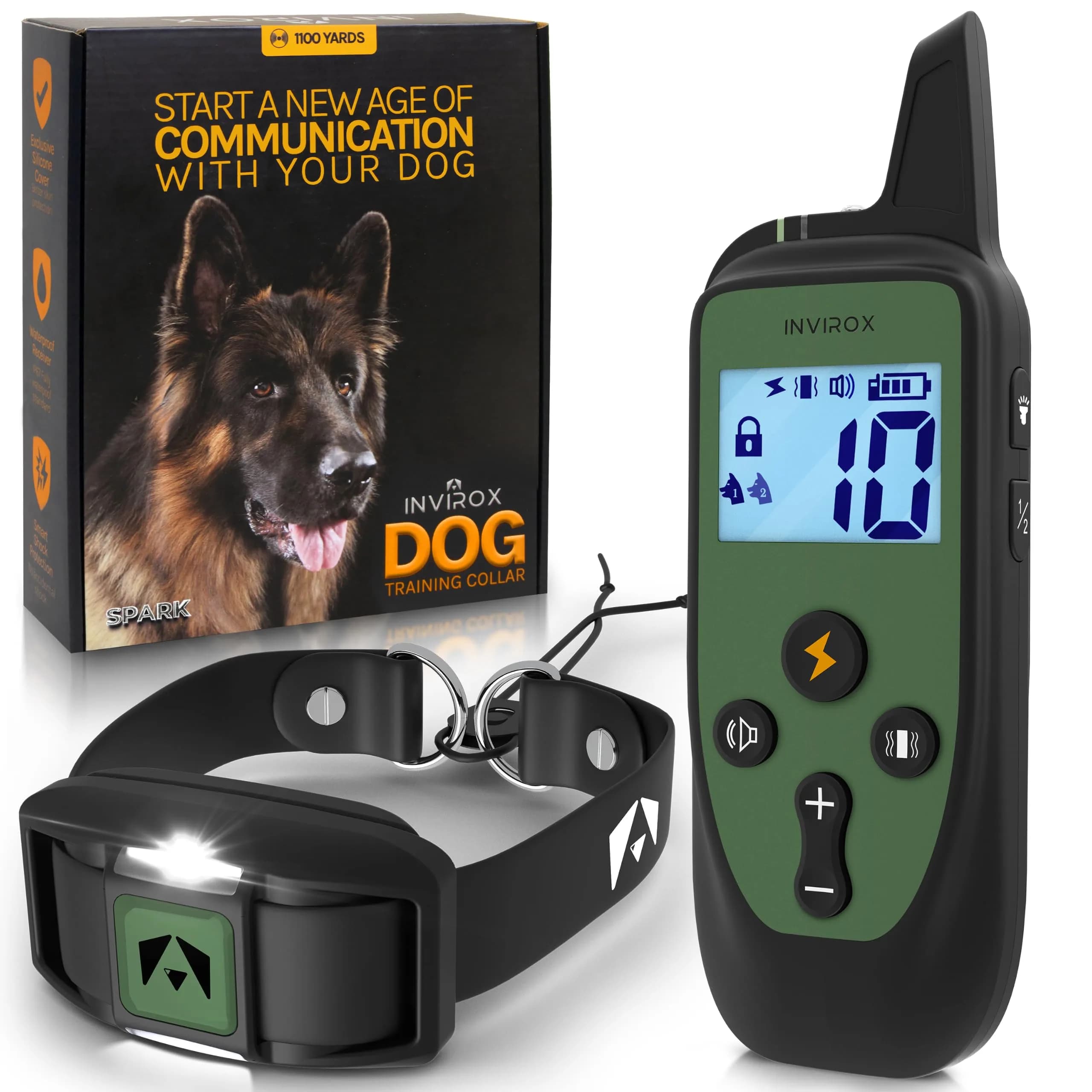 INVIROX Dog Training Collar with Remote, 123 Levels, 1100ft Range, IP67 Waterproof | Professional Dog Training System — Green Spark / 1 Dog